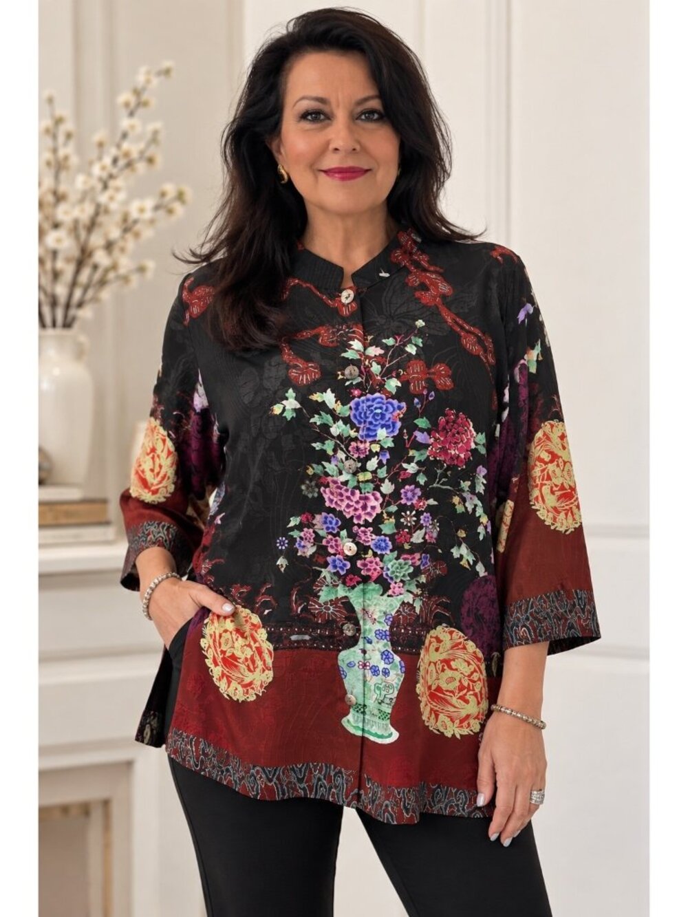 Citron Santa Monica 0X Silk Blend Blouse Chinoiserie Floral Mandarin Artsy Art